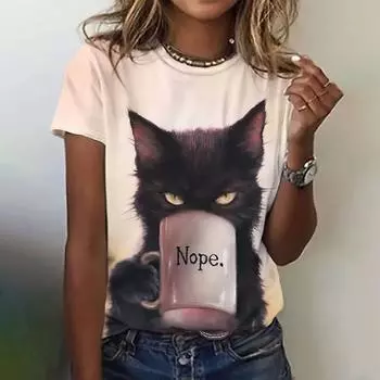 Футболка с милым животным и 3d принтом, женские футболки с рисунком кота, Harajuku, повседневная футболка с короткими рукавами и круглым вырезом, женская одежда большого размера S