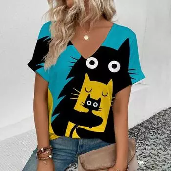 Футболка с мультяшным абстрактным котом 3d, женская футболка с изображением животных в стиле Харадзюку, модная повседневная футболка с коротким рукавом и V-образным вырезом, женская одежда больших размеров S