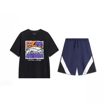Футболка с мультяшным принтом и круглым вырезом, с короткими рукавами и шорты-пятиточки средней посадки с лоскутной отделкой, повседневный спортивный комплект, унисекс, AHST543-2+AKSU613-2 M