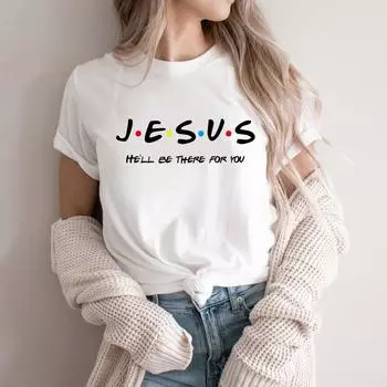 Футболка с надписью «Jesus He ll Be There for You» Футболки с изображением сериалов «Друзья» Футболки с христианской графикой Футболки с пасхальной одеждой Религиозные топы S чёрный