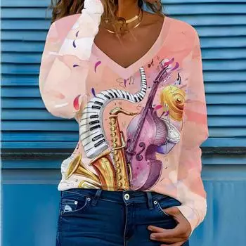 Футболка с надписью «Rock Music Festival» в стиле хип-хоп с принтом в виде 3D-тренда и длинными рукавами и V-образным вырезом S