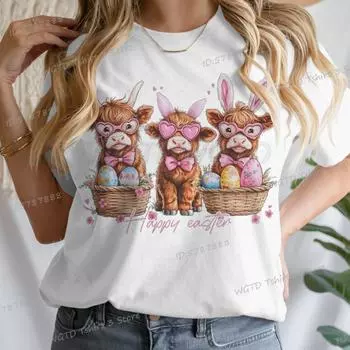 Футболка с надписью «Счастливой Пасхи» для женщин, милая пасхальная футболка с изображением коровы в горах, женская футболка с милым рисунком коровы, подарок для женщин, ретро-футболка с пасхальными флюидами S