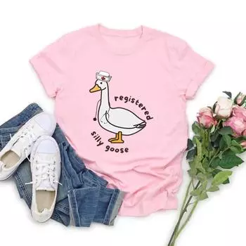 Футболка с надписью Silly Goose, футболка с надписью RN, подарок медсестре, забавная футболка Goose, женские футболки с коротким рукавом, графическая футболка, подарок на день медсестры S чёрный