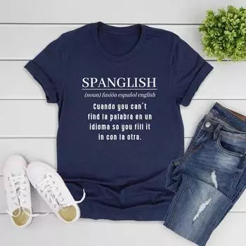 Футболка с надписью SPANGLISH Definition Футболки для латиноамериканцев Подарки учителям испанского языка Футболка с коротким рукавом для женщин Футболки с графикой Уличная одежда S чёрный