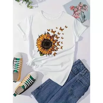 Футболка с надписью «Sunflower Love» для лета, милая и модная женская футболка, повседневная футболка с коротким рукавом, обычная женская футболка с рисунком, одежда S