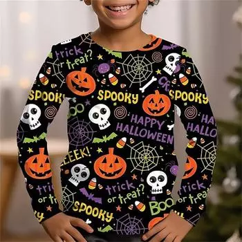 Футболка с надписью «Тыква» для мальчиков на Хэллоуин, футболка с длинным рукавом, спортивная мода, уличная одежда для детей 3-12 лет, повседневные футболки для детей 100
