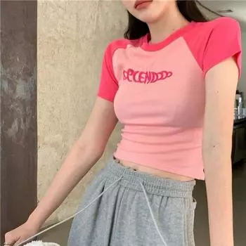 Футболка с надписью Y2k Baby Tees, облегающий топ-пуловер с надписью Y2k, симпатичная футболка с коротким рукавом, лето L темно-синий