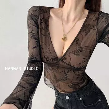 Футболка с низким V-образным вырезом, телесного цвета, с тонкой строчкой, длинным рукавом, кружевная Black S