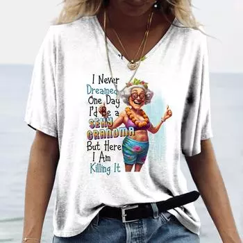 Футболка с новым принтом Letter Not Old для женщин, летние футболки больших размеров, женская трендовая одежда, рубашка с коротким рукавом, блузка с V-образным вырезом S