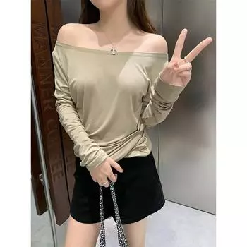 Футболка с односторонним лифом, складками, воротником-стойкой, длинными рукавами для женщин на осень с покатыми плечами и нерегулярным дизайном, топ для горячей девушки в стиле pure lust L