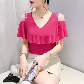 Футболка с открытыми плечами 2024 года с яркими алмазными акцентами и сетчатыми рукавами в виде листьев лотоса XL розы красного