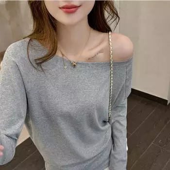 Футболка с открытыми плечами и длинными рукавами для ранней весны и осени, женская базовая рубашка свободного кроя, можно носить как верхнюю одежду S (suitable for weight 70-47.5 kg) чёрный