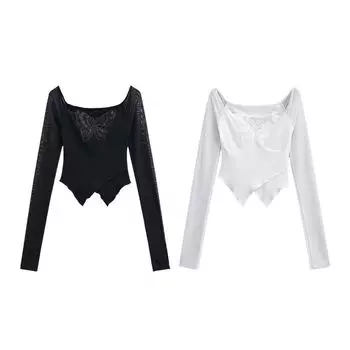 Футболка с открытыми плечами и длинными рукавами Tansparent Deeptown, укороченная сетчатая футболка с бабочками, лето/весна M чёрный