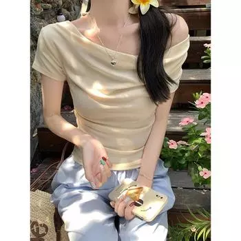 Футболка с открытыми плечами и открытыми ключицами, женская, с тонкими талией и короткими рукавами, сексуальный короткий топ на лето S