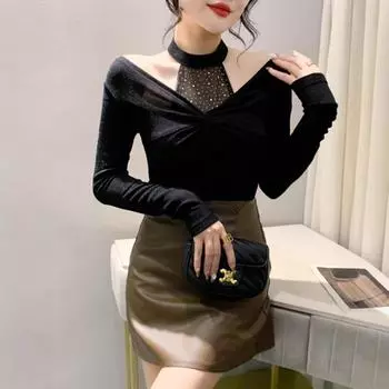 Футболка с открытыми плечами, женская, облегающая, с длинными рукавами, с завязками, с завязками M