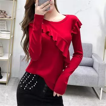 Футболка с открытыми плечами, женская, с длинными рукавами, новая весенняя оборка, иностранная универсальная рубашка с эффектом омоложения S