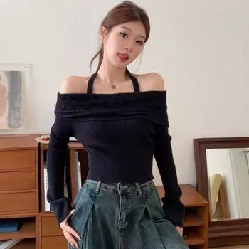 Футболка с открытыми плечами, женские весенние топы с открытой спиной и длинными рукавами, женские корейские футболки Ulzzang Hotsweet, тонкие футболки Y2k S чёрный