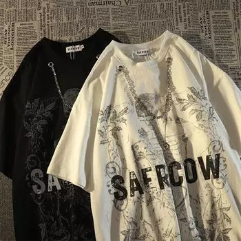 Футболка с ожерельем и цветочным принтом в виде черепа для мужчин и женщин в стиле ретро, летняя модная тенденция, повседневный удобный топ из чистого хлопка для пар, топ с короткими рукавами Harajuku M белый