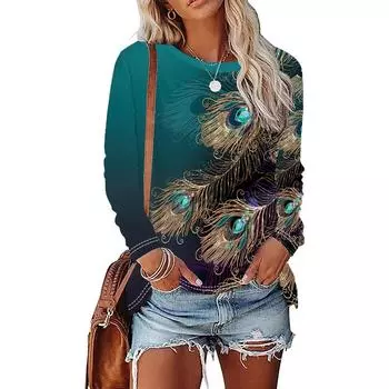 Футболка с павлиньими перьями, мягкая и удобная, с длинным рукавом и круглым вырезом, для повседневной носки - идеально подходит для женщин и девочек. S