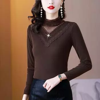 Футболка с полуводолазкой для женщин, новая зимняя плюшевая утолщенная верхняя часть, модный пуловер, футболка с длинными рукавами M