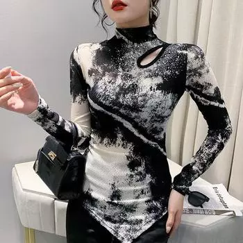 Футболка с полуворотником и низом, женская осенне-зимняя европейская мода, нестандартный топ, футболка с длинными рукавами, рубашка в стиле темперамент M