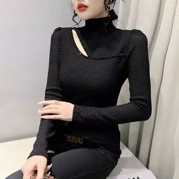 Футболка с полуворотником, женская, осень и зима, новая сексуальная футболка с длинными рукавами и верхом в иностранном стиле S