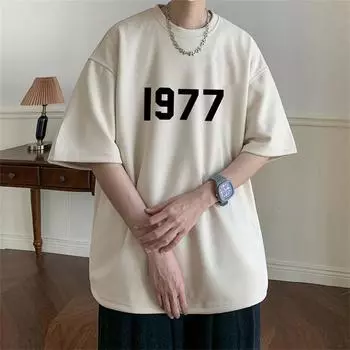 Футболка с принтом 1977 года, мужская летняя замшевая футболка с коротким рукавом, повседневная, свободного покроя, в винтажном стиле M чёрный