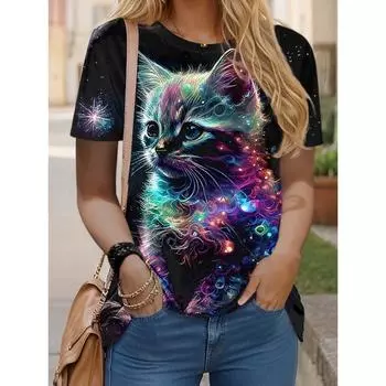 Футболка с принтом 3D Cat размера плюс, повседневная футболка с круглым вырезом и коротким рукавом, женская одежда больших размеров XS