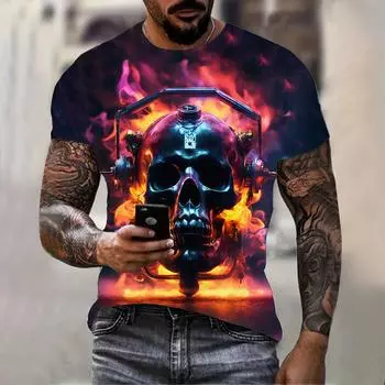 Футболка с принтом 3D-черепов, летняя повседневная мужская футболка, свободная, удобная, спортивная, с коротким рукавом, уличная мода, пуловер, топ S