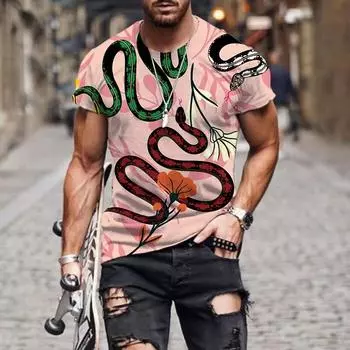 Футболка с принтом 3D-цветной змеи для мужчин, футболки с графическим принтом цветов и листьев, повседневные свободные топы с коротким рукавом, уличные футболки с круглым вырезом S