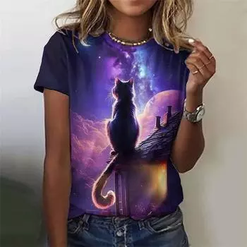 Футболка с принтом 3D Night Cat для женщин, красочные футболки с рисунком звездного неба, летние повседневные футболки с короткими рукавами и круглым вырезом L