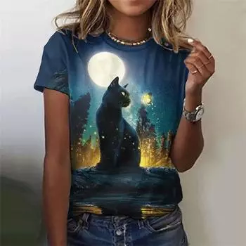 Футболка с принтом 3D Night Cat для женщин, красочные футболки с рисунком звездного неба, летние повседневные футболки с короткими рукавами и круглым вырезом L