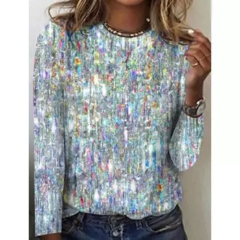 Футболка с принтом 3D-пайеток, топы для женщин, осень 2023, новый круглый вырез, длинный рукав, модные повседневные женские футболки, пуловеры, уличная одежда S