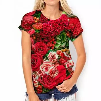 Футболка с принтом 3D-розы, летний топ с коротким рукавом, модные футболки Harajuku с цветочным принтом для женщин, футболки для девочек S
