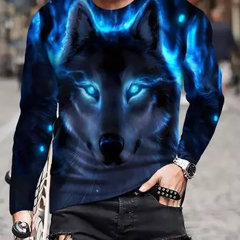 Футболка с принтом 3D Wolf Pattern, круглый вырез, длинный рукав, спортивная, удобная, повседневная, для весны, лета и осени - мужская одежда с графическим дизайном, топы S