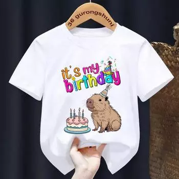 Футболка с принтом «Акварель, это мой день рождения» с изображением капибары для девочек/мальчиков, забавный подарок на день рождения, детская одежда, футболка Harajuku Kawaii для студентов 4T(110cm)