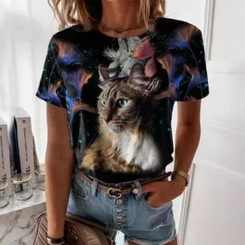 Футболка с принтом Animal Cat Series 3D, летняя, с круглым вырезом, свободная, повседневная, с коротким рукавом, женская S