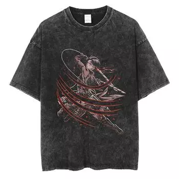 Футболка с принтом аниме «Атака титанов» в стиле Харадзюку для мужчин и женщин Levi Ackerman, удобная повседневная свободная футболка, мужская хлопковая футболка S чёрный