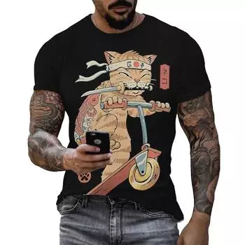 Футболка с принтом аниме «Самурай Кот» в стиле 3D, для активного отдыха, хип-хоп, в стиле Харадзюку, винтажная одежда, повседневная, с круглым воротником, свободная, с коротким рукавом S