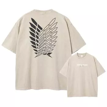 Футболка с принтом «Атака титанов» в стиле аниме, кислотная стирка, короткие рукава, уличные топы, винтажные футболки больших размеров для мужчин в стиле манга S