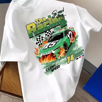 Футболка с принтом «Автомобиль», повседневный топ с короткими рукавами и круглым вырезом S