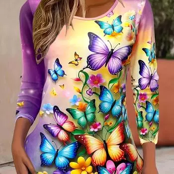 Футболка с принтом бабочек больших размеров - женская повседневная футболка с длинными рукавами и круглым вырезом на весну и осень S