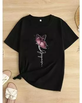 Футболка с принтом бабочек и букв больших размеров, повседневный топ с короткими рукавами для весны и лета, женская одежда больших размеров 1XL чёрный