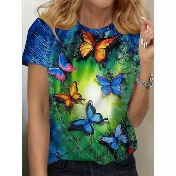 Футболка с принтом бабочек женская летняя повседневная повседневная женская градиентная с короткими рукавами городская уличная женская мода короткий рукав топ XS