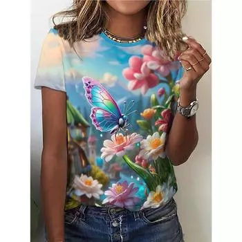 Футболка с принтом «бабочка и цветы», повседневный топ с круглым воротником и короткими рукавами, весна/лето, женская одежда S