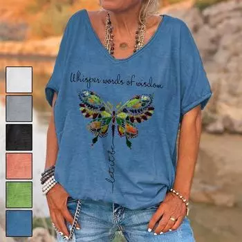 Футболка с принтом бабочки на английском языке, летний свободный пуловер с V-образным вырезом и короткими рукавами для женщин S серый