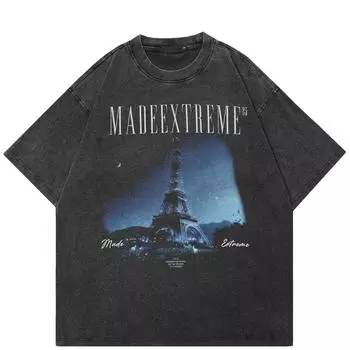 Футболка с принтом «башня» в уличном стиле, черная футболка из хлопка, стираная, унисекс, топы, футболки, летняя футболка с короткими рукавами S чёрный