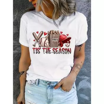 Футболка с принтом бейсбольного сезона, летняя женская футболка с короткими рукавами, уличная футболка, белая универсальная женская одежда с круглым вырезом S белый