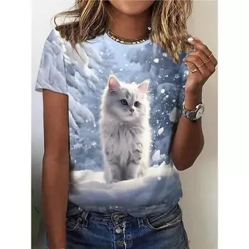 Футболка с принтом белой кошки, повседневный топ с круглым вырезом и короткими рукавами для весны и лета, женская одежда S