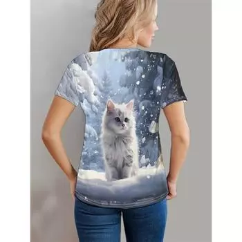 Футболка с принтом белой кошки, повседневный топ с круглым вырезом и короткими рукавами для весны и лета, женская одежда S